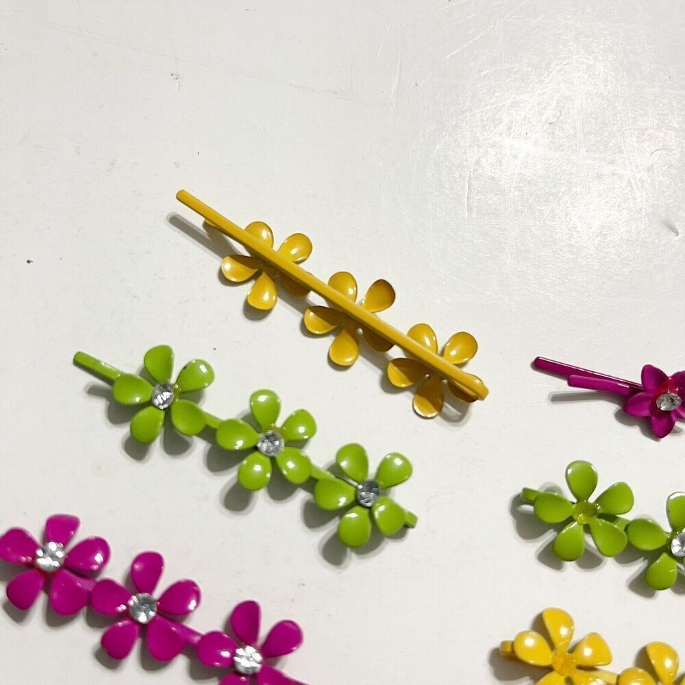 Vintage Lot of 24 Metal Bobby Pins Colorful Rhinestone Glitter Pink Green Yellow - Picture 8 of 16